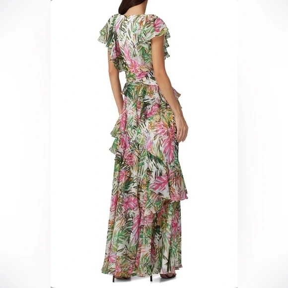 BADGLEY MISHKA 8 EASTER Resort Wedding Coastal Palm Ruffle Pink Green Maxi Dress - Picture 3 of 16